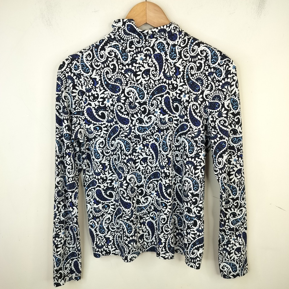 LOFT Paisley Turtleneck Top Medium Long Sleeve Blue Black White Cotton Modal